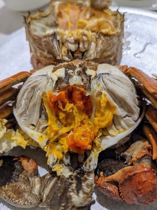 Roe inside a steamed female hairy crab